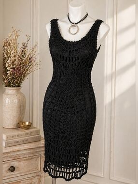 ETOILE Boutique Elegant Black Whimsigoth Dress SZ S Bodycon Crochet Style LBD